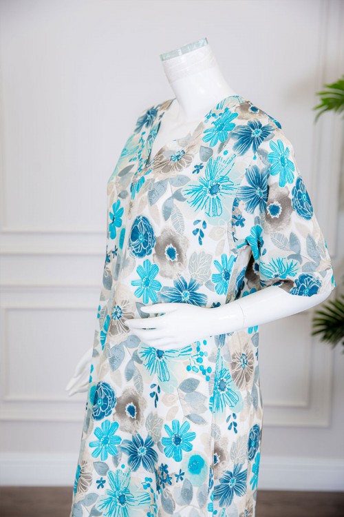 قميص نسائي طويل مشجر باللون السماوي و الأزرق ياقة قصة سبعة ذو أكمام ميدي