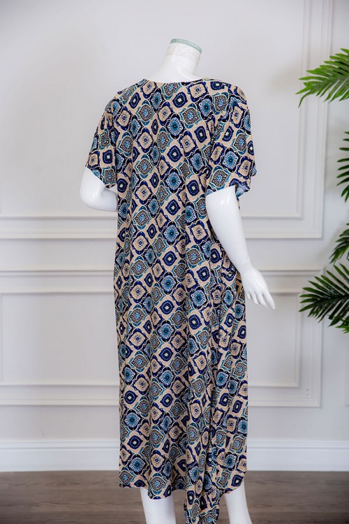 قميص نسائي ميدي بطبعات ملونة ياقة قصة سبعة ذو أكمام قصيرة