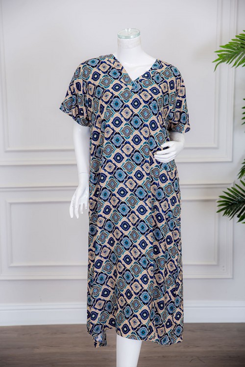 قميص نسائي ميدي بطبعات ملونة ياقة قصة سبعة ذو أكمام قصيرة