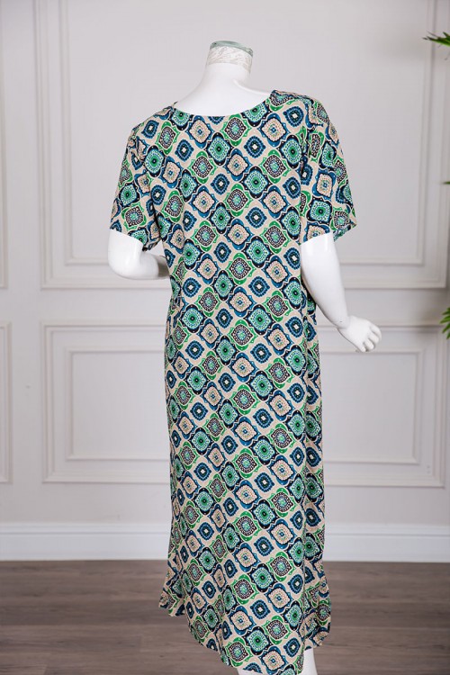 قميص نسائي ميدي بطبعات ملونة ياقة قصة سبعة ذو أكمام قصيرة