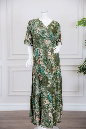 قميص نسائي طويل لون عشبي مشجر ياقة قصة سبعة ذو أكمام ميدي