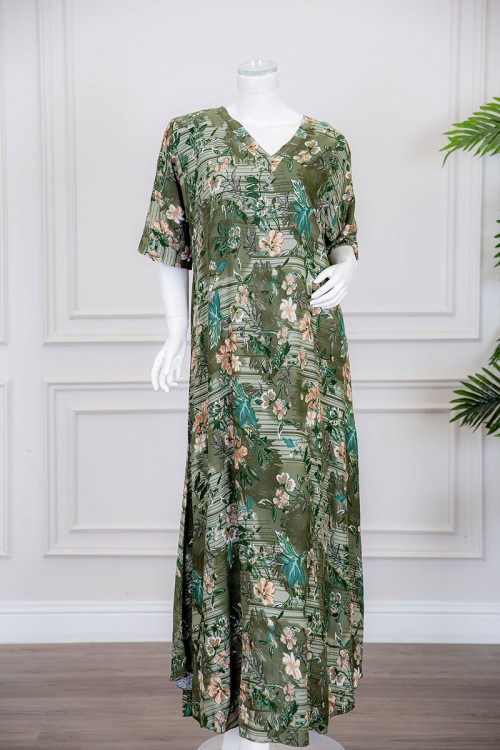 قميص نسائي طويل لون عشبي مشجر ياقة قصة سبعة ذو أكمام ميدي