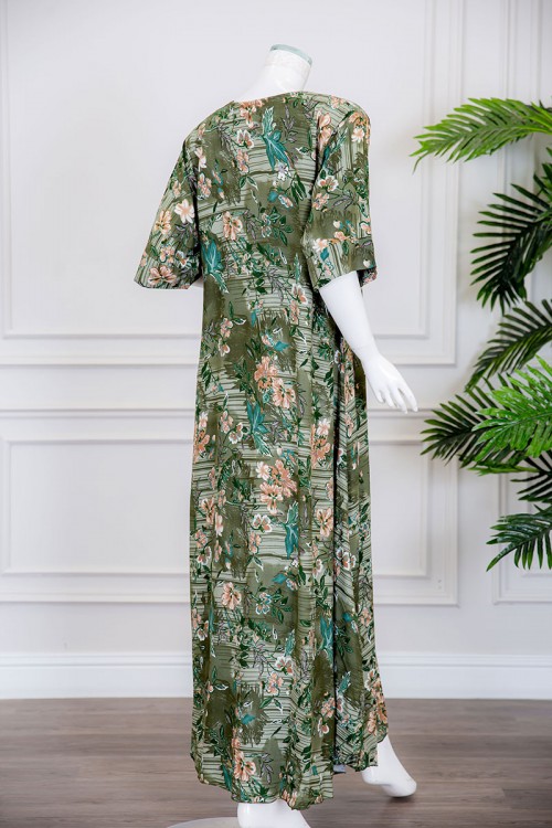 قميص نسائي طويل لون عشبي مشجر ياقة قصة سبعة ذو أكمام ميدي