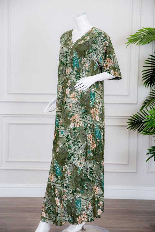 قميص نسائي طويل لون عشبي مشجر ياقة قصة سبعة ذو أكمام ميدي