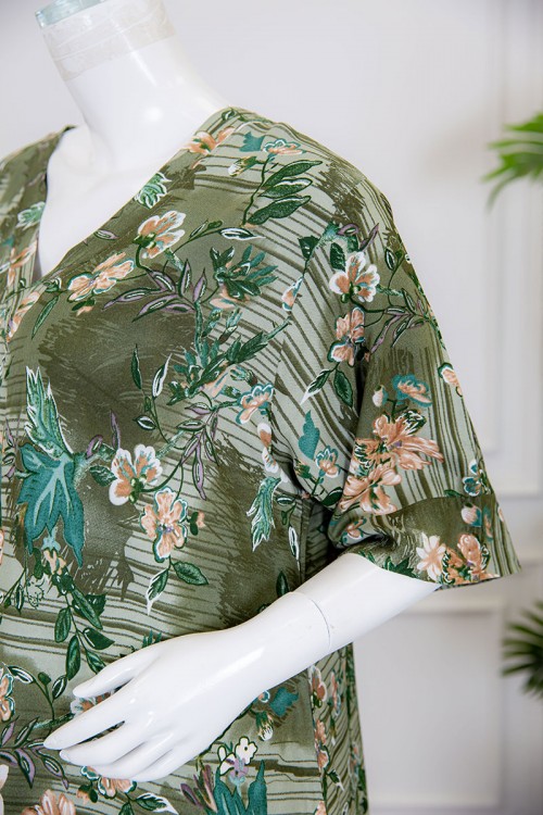 قميص نسائي طويل لون عشبي مشجر ياقة قصة سبعة ذو أكمام ميدي