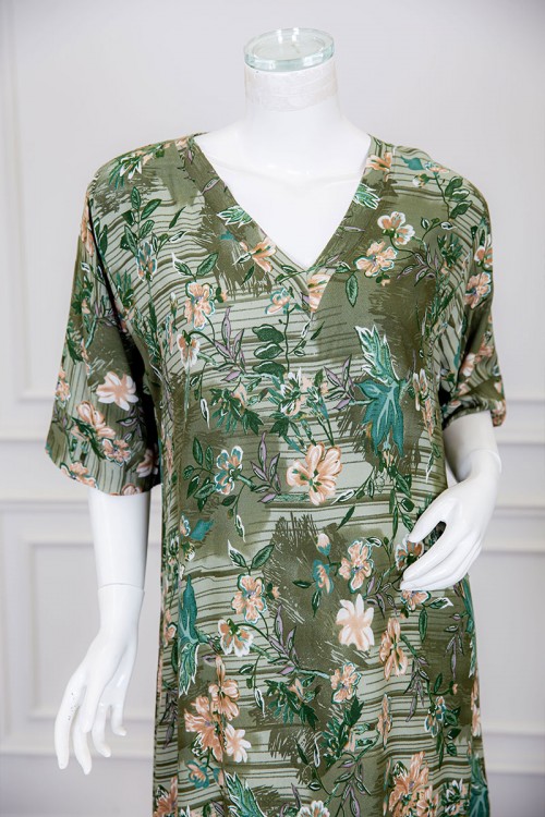 قميص نسائي طويل لون عشبي مشجر ياقة قصة سبعة ذو أكمام ميدي