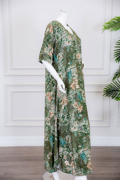 قميص نسائي طويل لون عشبي مشجر ياقة قصة سبعة ذو أكمام ميدي