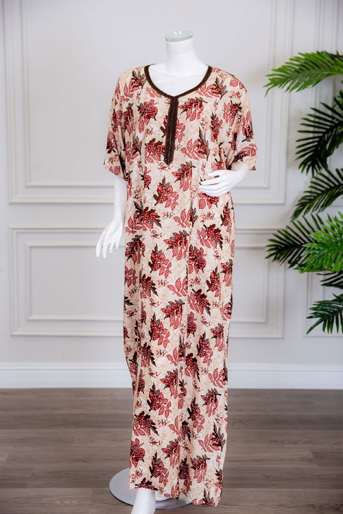 قميص نسائي طويل لون بيج مشجر بياقة كلفة مطرزة ذو أكمام ميدي