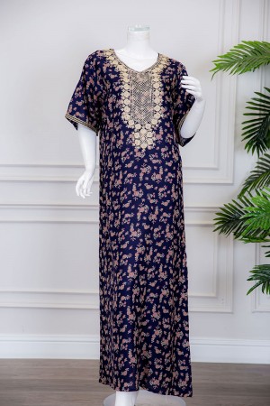 قميص نسائي طويل لون كحلي مشجر بياقة كلفة مطرزة ذو أكمام ميدي