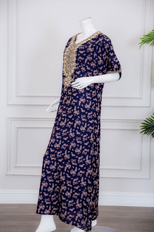 قميص نسائي طويل لون كحلي مشجر بياقة كلفة مطرزة ذو أكمام ميدي