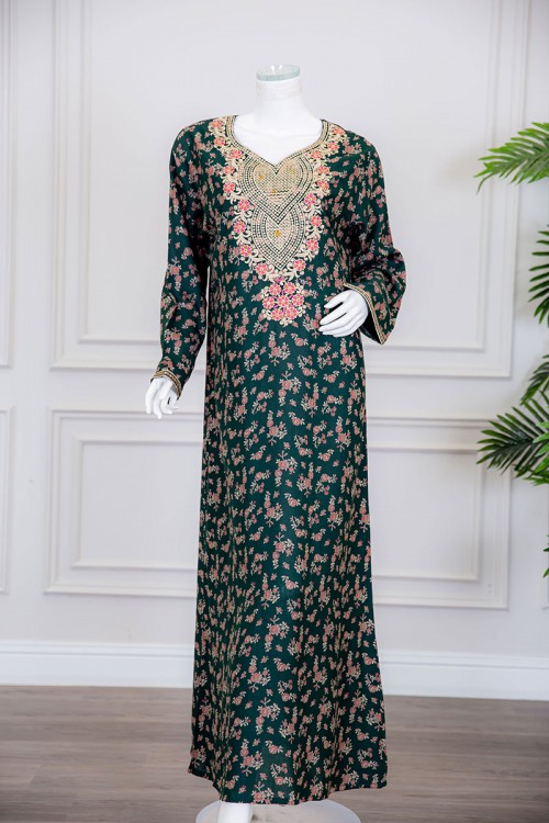 قميص نسائي طويل لون زيتي مشجر بياقة كلفة مطرزة ذو أكمام طويلة