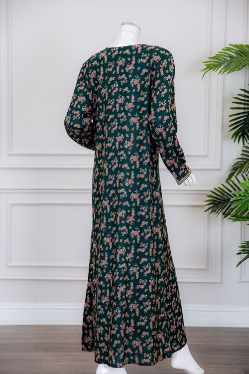 قميص نسائي طويل لون زيتي مشجر بياقة كلفة مطرزة ذو أكمام طويلة