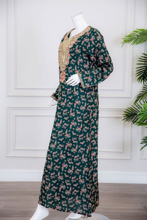 قميص نسائي طويل لون زيتي مشجر بياقة كلفة مطرزة ذو أكمام طويلة