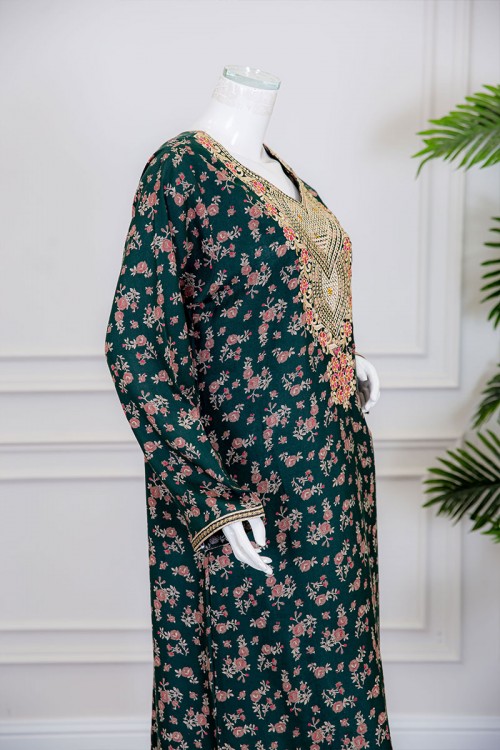 قميص نسائي طويل لون زيتي مشجر بياقة كلفة مطرزة ذو أكمام طويلة