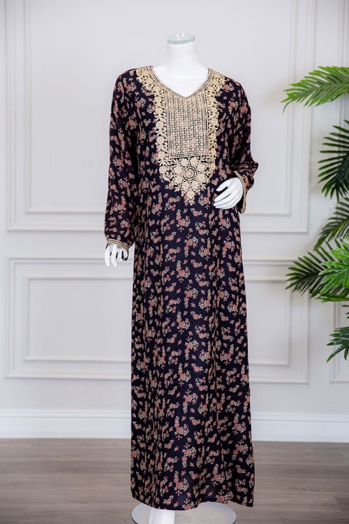 قميص نسائي طويل لون أسود مشجر بياقة كلفة مطرزة ذو أكمام طويلة