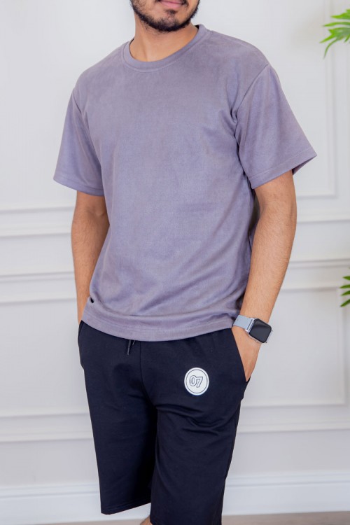 تيشيرت رجالي لون موف سادة بياقة دائرية