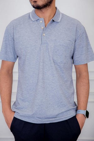 تيشيرت رجالي لون رمادي بياقة مطوية و أزرار من الأمام  