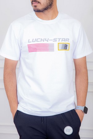 تيشيرت رجالي لون أبيض مزين بكتابات و رسومات ملونة من الأمام