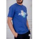 تيشيرت رجالي لون أزرق مزين بكتابات و رسومات ملونة من الأمام