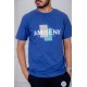 تيشيرت رجالي لون أزرق مزين بكتابات و رسومات ملونة من الأمام