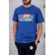 تيشيرت رجالي لون أزرق مزين بكتابات و رسومات ملونة من الأمام