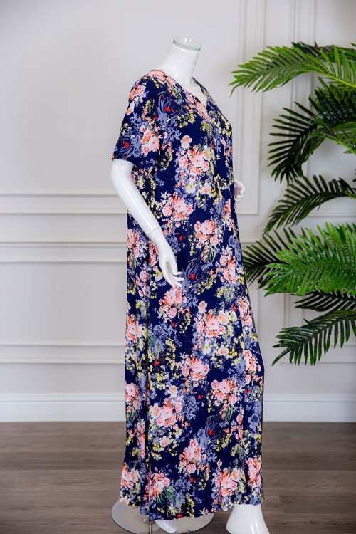 قميص نسائي طويل لون كحلي مشجر ياقة بقصة سبعة ذو أكمام قصيرة