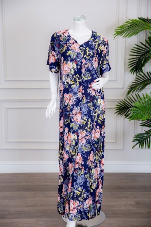 قميص نسائي طويل لون كحلي مشجر ياقة بقصة سبعة ذو أكمام قصيرة