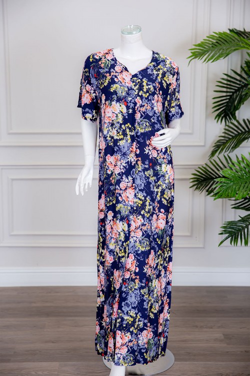 قميص نسائي طويل لون كحلي مشجر ياقة بقصة سبعة ذو أكمام قصيرة