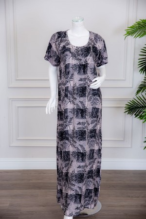 قميص نسائي طويل لون رمادي مزين بمربعات و أغصان الشجر ذو ياقة دائرية و أكمام قصيرة