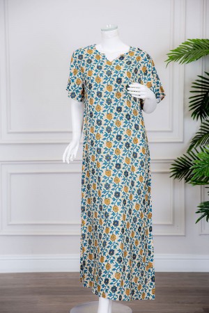 قميص نسائي لون بيج مزين بالورود الملونة ياقة قصة سبعة و أكمام ميدي 