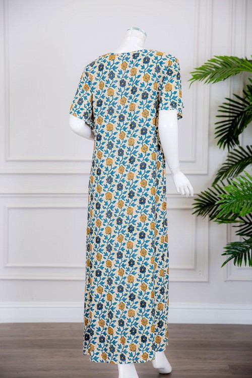 قميص نسائي لون بيج مزين بالورود الملونة ياقة قصة سبعة و أكمام ميدي