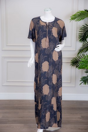 قميص نسائي لون كحلي مزين برسومات باللون البني ياقة دائرية برباط و أكمام قصيرة 