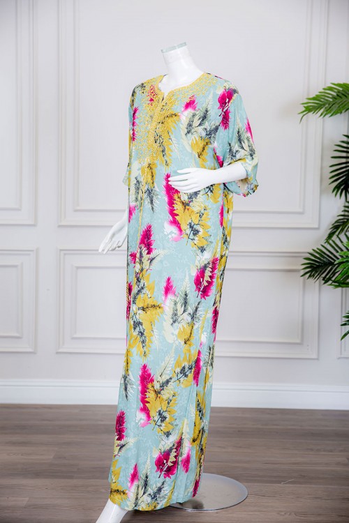 قميص نسائي لون تيفاني فاتح مشجر ياقة مطرزة باللون الذهبي و أكمام ميدي