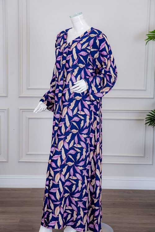 جلابية نسائية طويلة لون كحلي مشجر باللون البيج و الوردي ياقة بقصة سبعة و أكمام طويلة