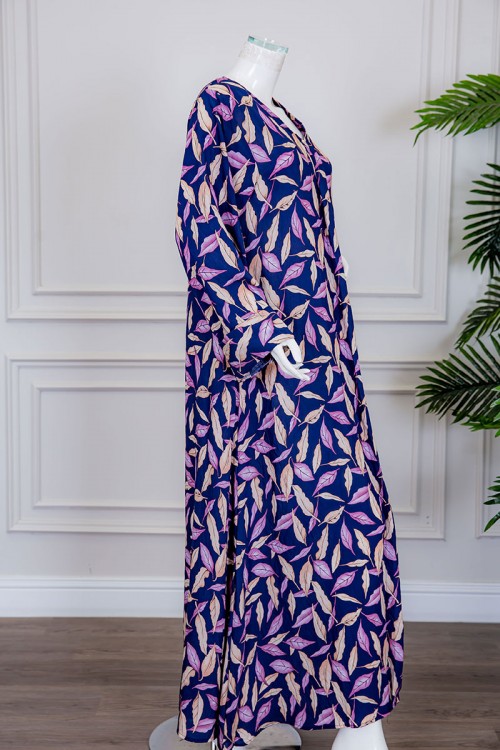 جلابية نسائية طويلة لون كحلي مشجر باللون البيج و الوردي ياقة بقصة سبعة و أكمام طويلة