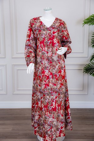 جلابية نسائية طويلة لون أحمر مشجر ياقة بقصة سبعة و أكمام طويلة 