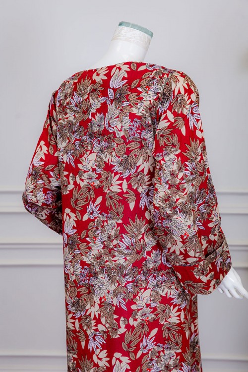 جلابية نسائية طويلة لون أحمر مشجر ياقة بقصة سبعة و أكمام طويلة