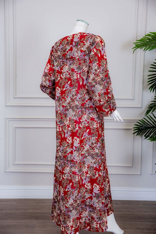 جلابية نسائية طويلة لون أحمر مشجر ياقة بقصة سبعة و أكمام طويلة