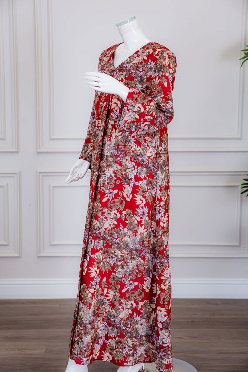 جلابية نسائية طويلة لون أحمر مشجر ياقة بقصة سبعة و أكمام طويلة