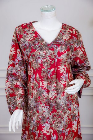 جلابية نسائية طويلة لون أحمر مشجر ياقة بقصة سبعة و أكمام طويلة 