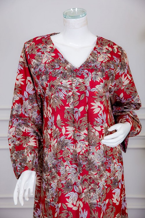 جلابية نسائية طويلة لون أحمر مشجر ياقة بقصة سبعة و أكمام طويلة