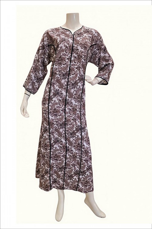 جلابية نسائية طويلة مشجرة باللون البني ياقة دائرية بقصة سبعة و أكمام طويلة