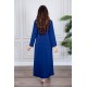 جلابية نسائية لون ازرق ياقة بقصة سبعة بتطريز ذهبي ذو أكمام طويلة