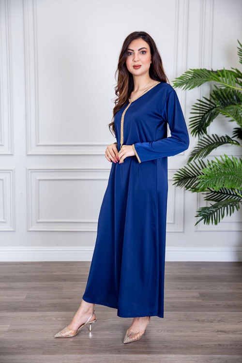 جلابية نسائية لون ازرق ياقة بقصة سبعة بتطريز ذهبي ذو أكمام طويلة