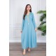 جلابية نسائية لون سماوي ياقة بقصة سبعة بتطريز ذهبي ذو أكمام طويلة