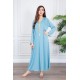 جلابية نسائية لون سماوي ياقة بقصة سبعة بتطريز ذهبي ذو أكمام طويلة