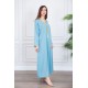 جلابية نسائية لون سماوي ياقة بقصة سبعة بتطريز ذهبي ذو أكمام طويلة
