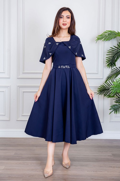 فستان نسائي ميدي لون كحلي بأكمام منسدلة مزين بفصوص من الأكمام و برباط في الخصر