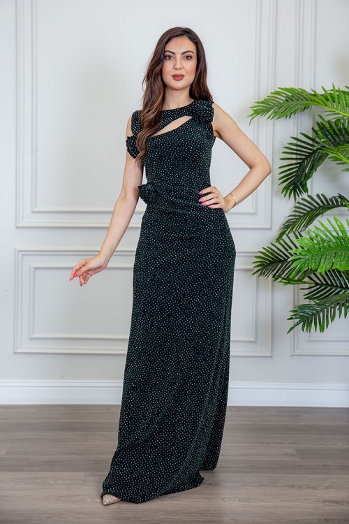 فستان سهرة نسائي طويل لون زيتي ياقة دائرية مزين بفصوص و ورود بدون أكمام