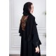 عباية نسائية أنيقة لون أسود ياقة مطوية مزينة بنقوش في الياقة و أطراف الأكمام بأزرار من الأمام مع طرحة